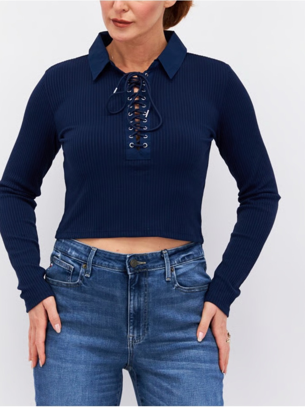 Guess Navy Ribbed Lace-Up Collared Crop Top